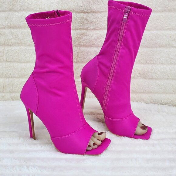 Bold Bright Fuchsia Pink Stretch Square Open Toe High Heel Ankle Boots - Picture 7 of 9